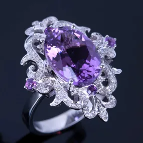 4k White Gold 9.5x13.5mm Oval 4.54ct Amethyst Diamonds Ring