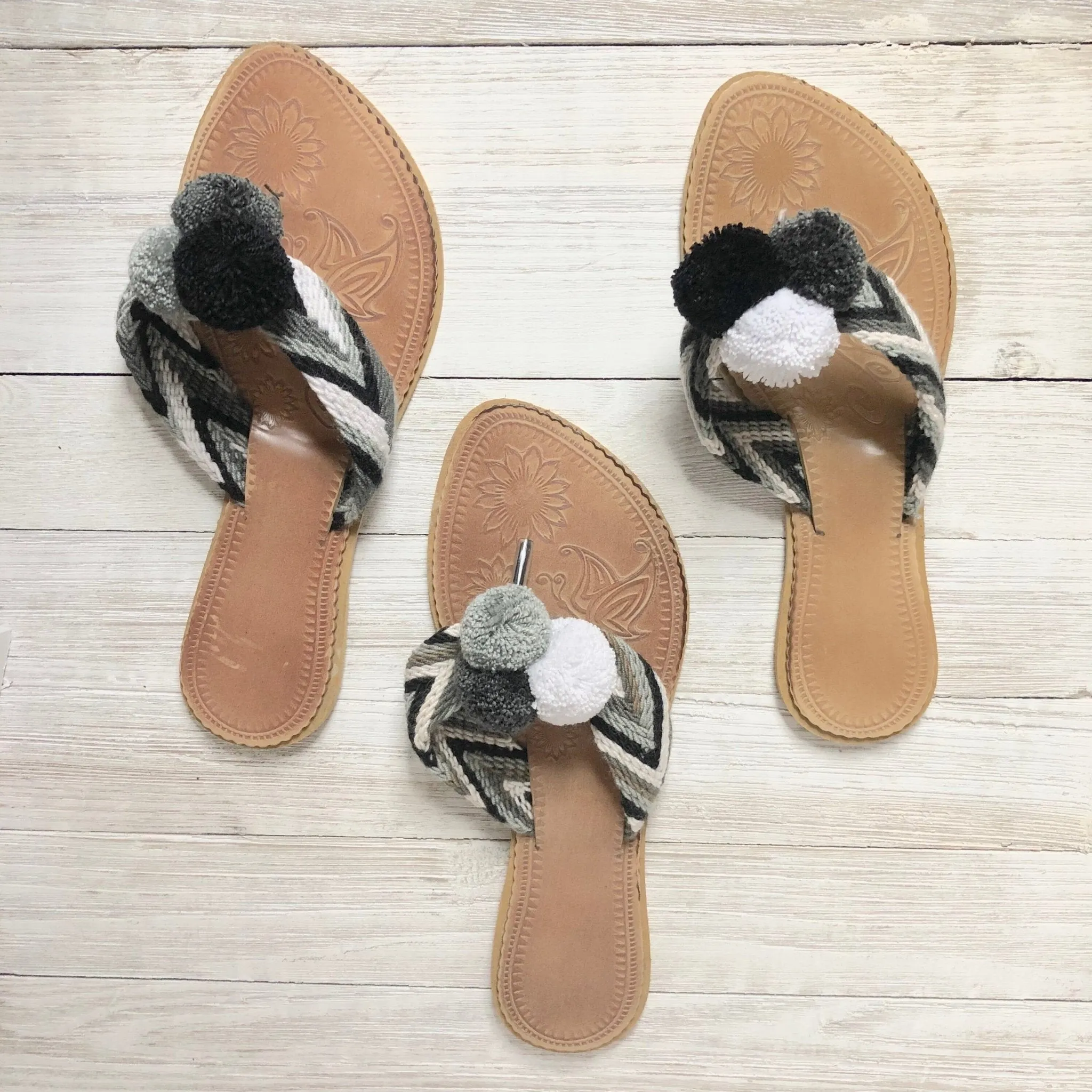 Black & White Pom Pom Sandals - Summer Flip Flops SWP013