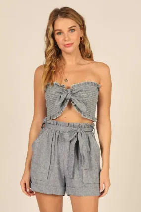 Captain Blue Stripe Linen Blend Smocked Bandeau