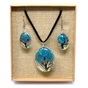 Conjunto Colgante y Pendientes Flores Prensadas Arbol de la Vida AZUL VERDE